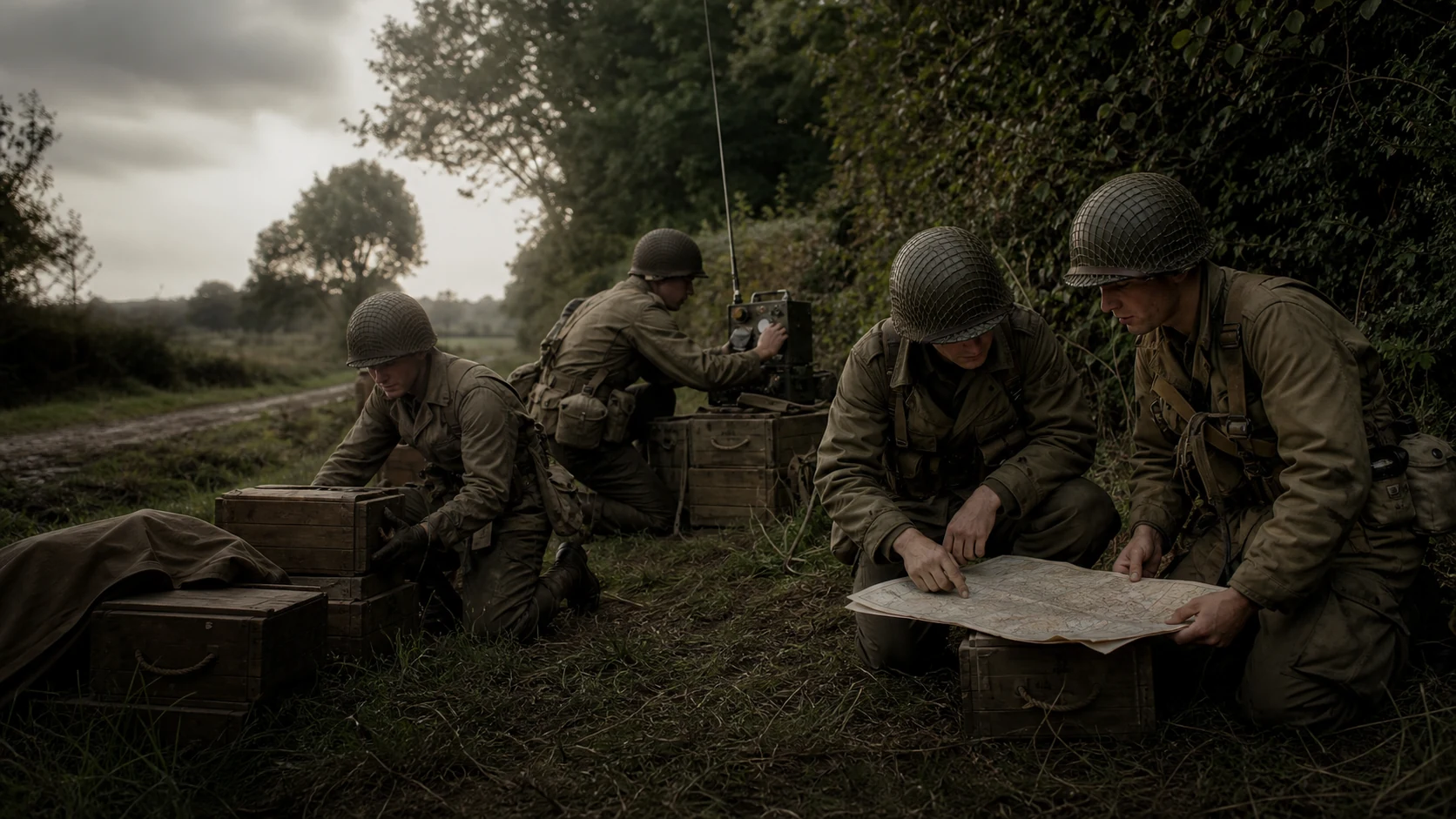 Ein alliiertes Squad koordiniert Funk, Nachschub und Karte an einer Hecke in der Normandie