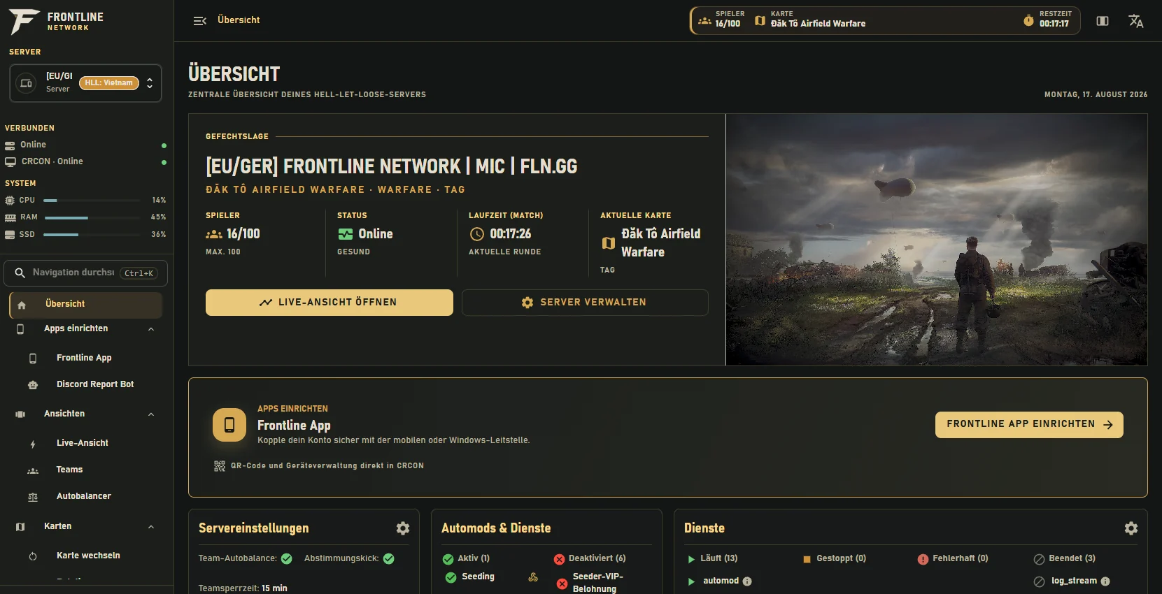 Echte Oberfläche des Frontline RCON Tools mit Live-Status, Karte, Diensten und Serververwaltung
