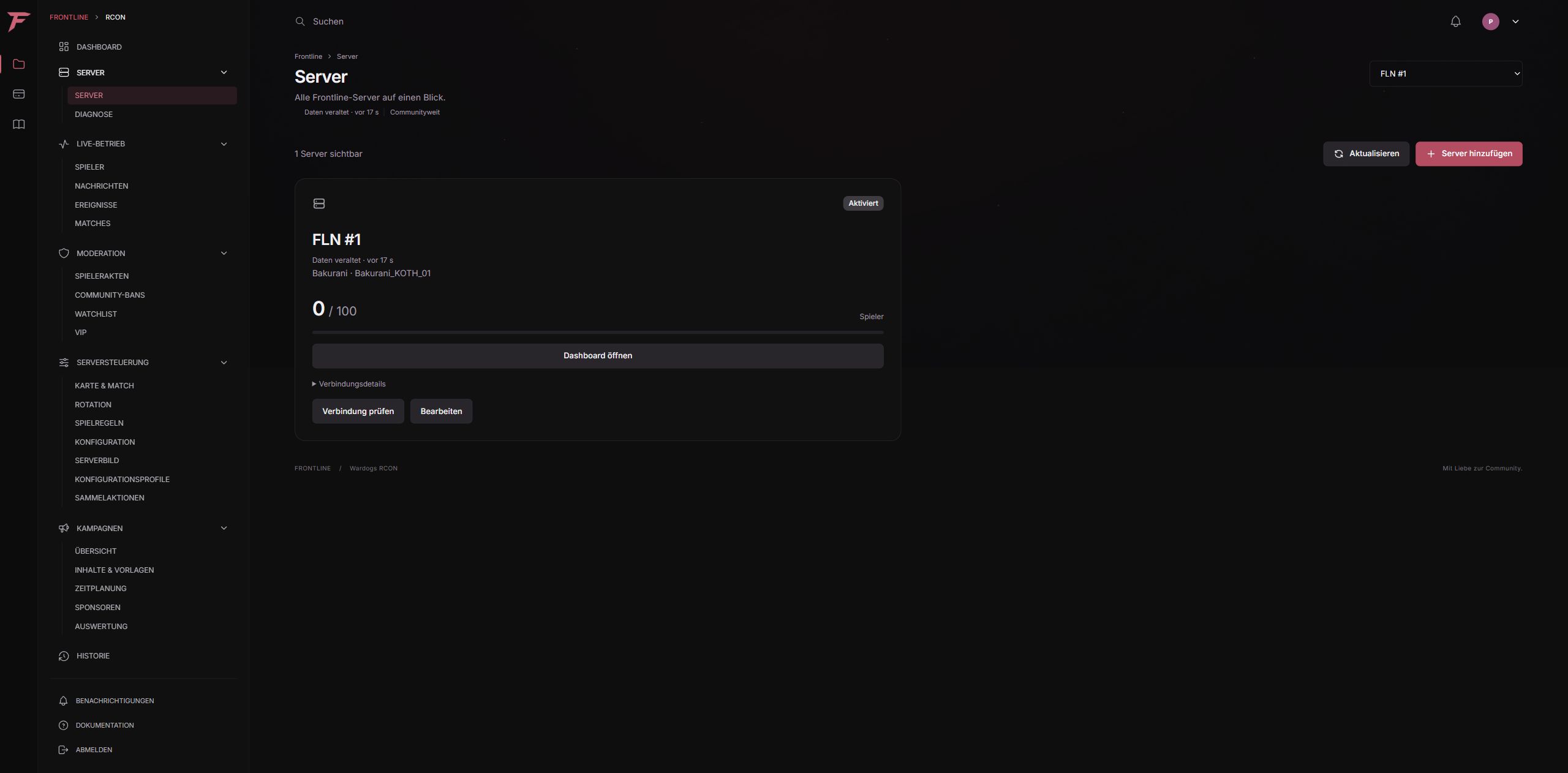 Original WARDOGS CRCON multi-server overview with the selected Frontline instance