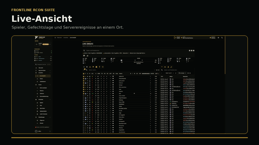 Live-Ansicht der Frontline RCON Suite für Hell Let Loose