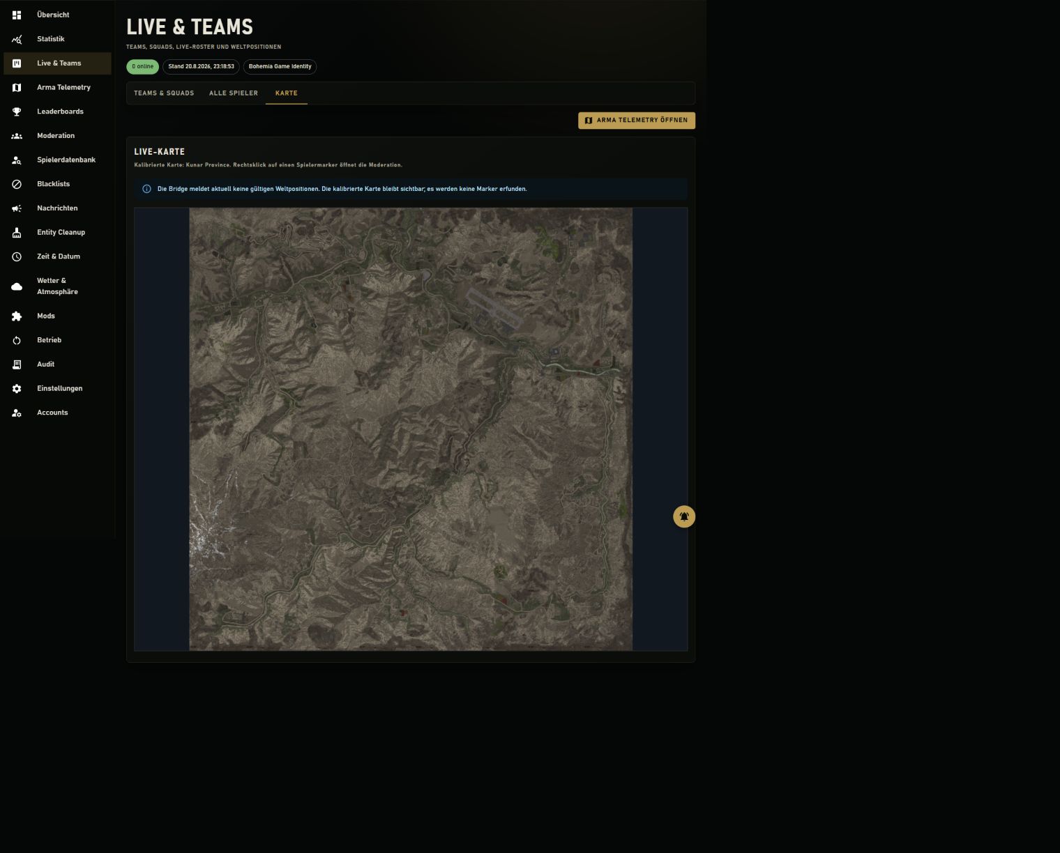 Live-Karte mit Spielerpositionen auf einem Arma Reforger Server