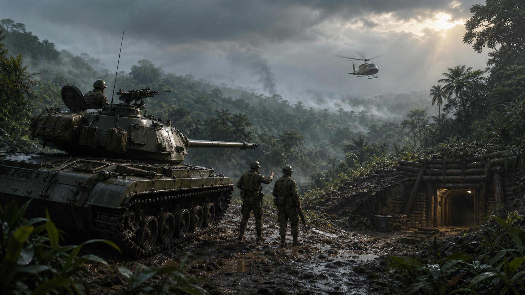 Panzer und Soldaten im nebligen Dschungel mit Hubschrauber