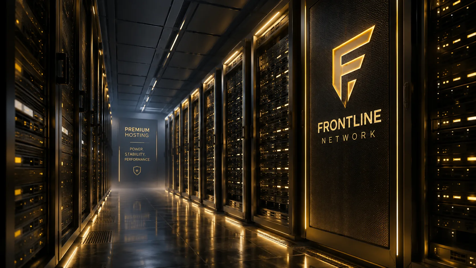 Beleuchteter Serverraum für betreute Gameserver und Dienste