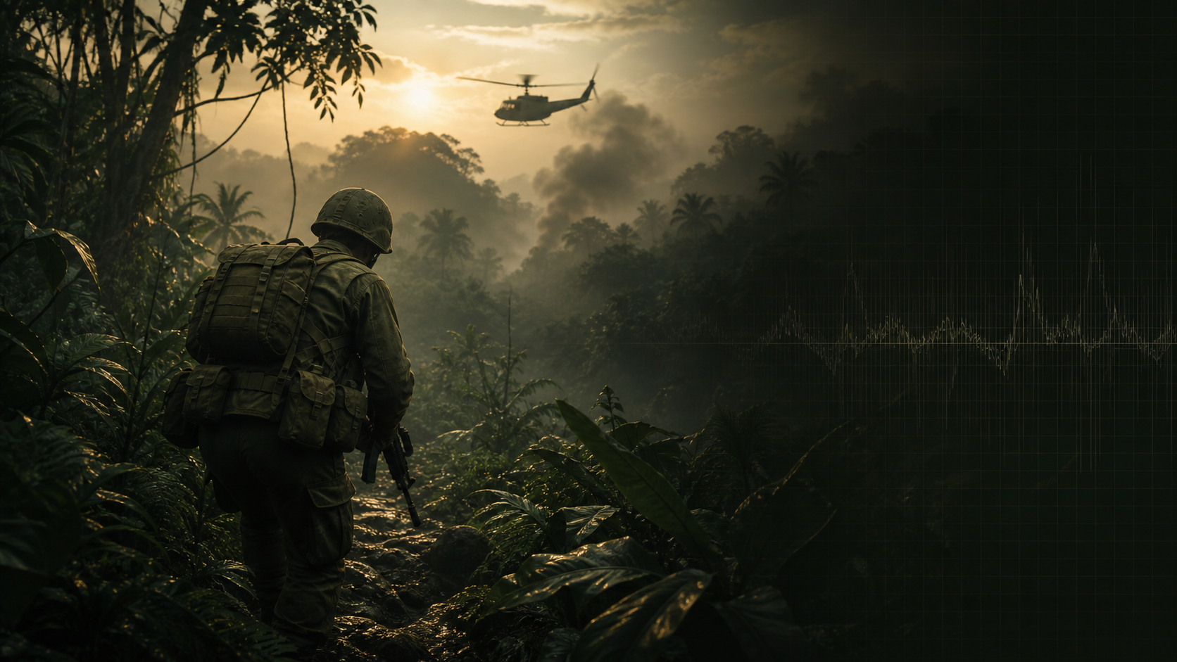 Soldat im dichten Vietnam-Dschungel mit Helikopter und dezenter Frametime-Grafik