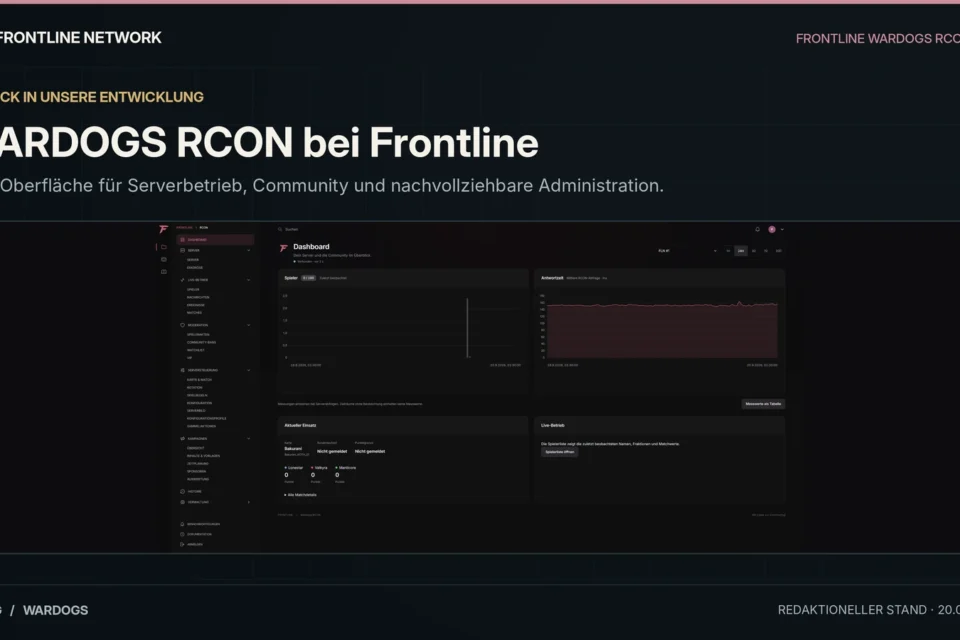 Originales Dashboard der Frontline-WARDOGS-RCON-Oberfläche mit Serverstatus und Matchübersicht.