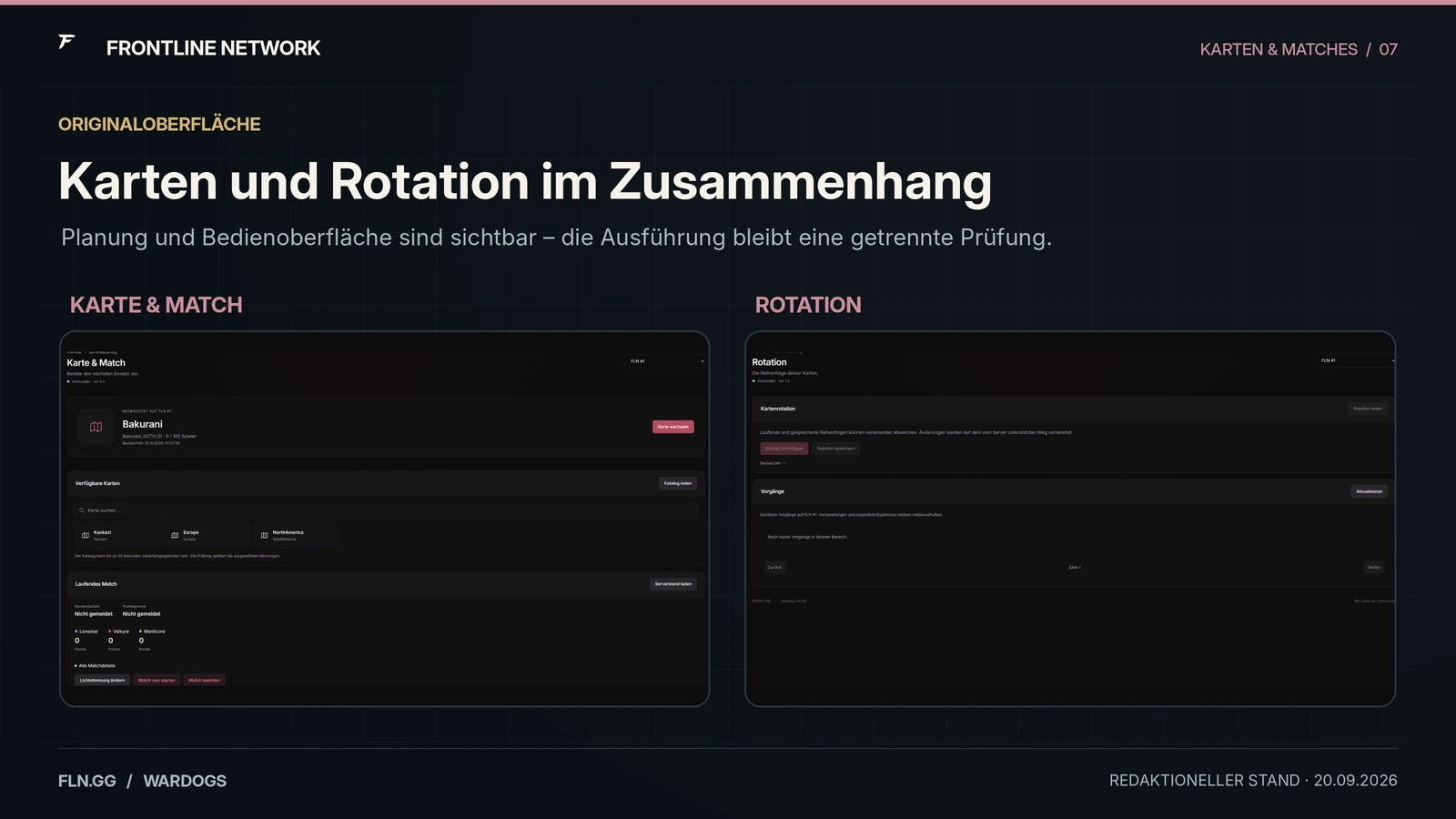Zwei originale Ausschnitte der WARDOGS-RCON-Oberfläche für Karten-, Match- und Rotationsverwaltung.