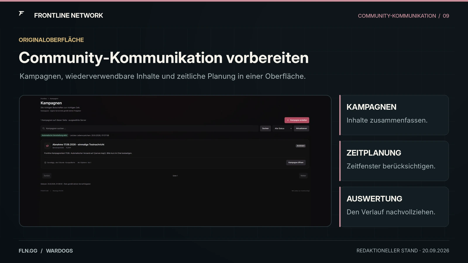 Originale WARDOGS-RCON-Kampagnenansicht mit redaktionellen Hinweisen zu Zeitplanung und Auswertung.