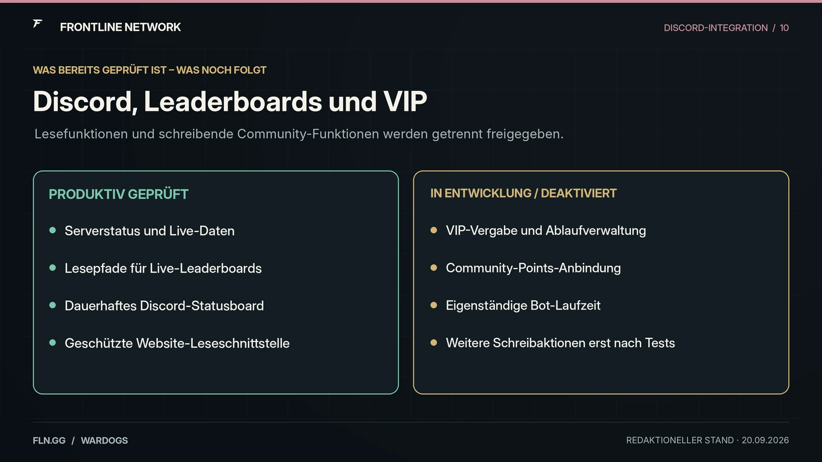 Statusübersicht zur Frontline-WARDOGS-Discord-Integration: geprüfte Lesefunktionen und noch deaktivierte VIP-Entwicklung.