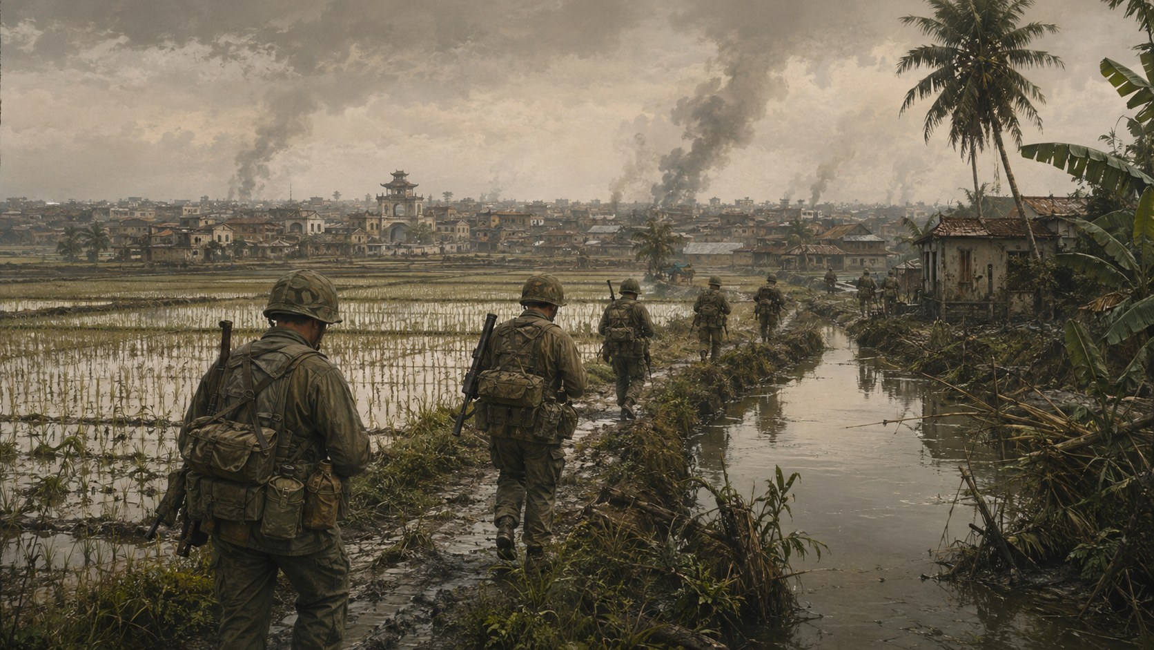Historische Illustration: US-Marines rücken 1968 über Reisfelder auf Hue vor